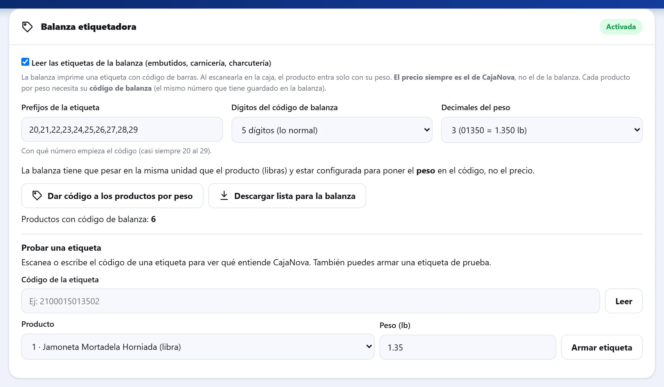 Configuración de la balanza etiquetadora en CajaNova