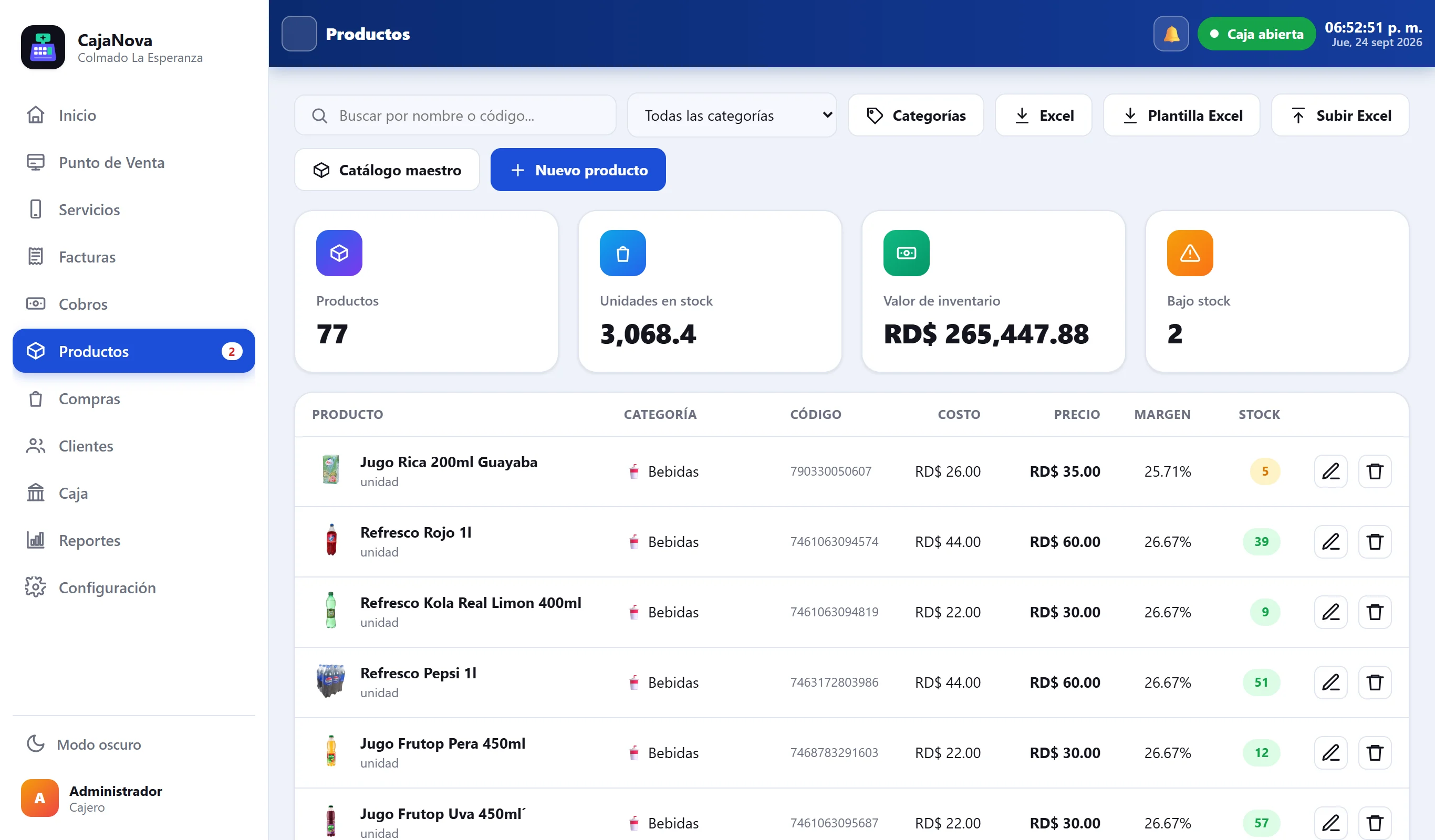 Lista de productos con foto, costo, precio, margen y existencia